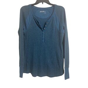 Eddie Bauer L Waffle Knit Snap Henley Long Sleeve Shirt Emerald Green